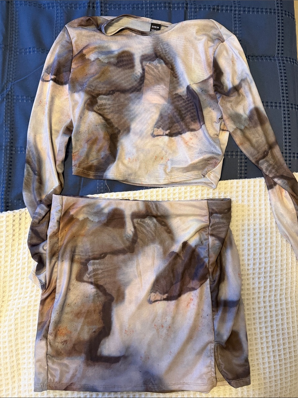 SHEIN Brown & Cream Tie-Dye Long Sleeve Top and Mini Skirt Set